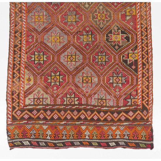 Handmade Turkish Jijim Kilim, Vintage Flat Weave Wool Rug with Interlocking Stars and Diamonds. 5.6 x 11 Ft (168 x 338 cm)