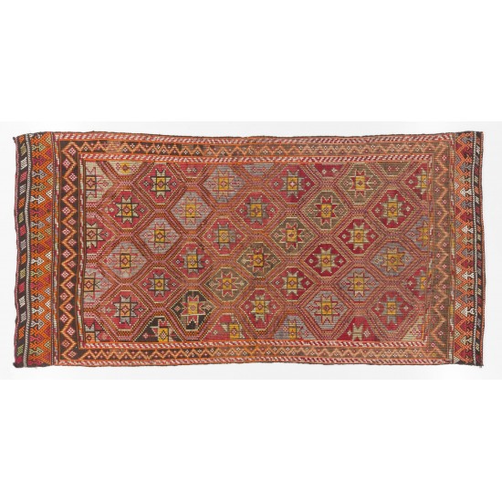Handmade Turkish Jijim Kilim, Vintage Flat Weave Wool Rug with Interlocking Stars and Diamonds. 5.6 x 11 Ft (168 x 338 cm)