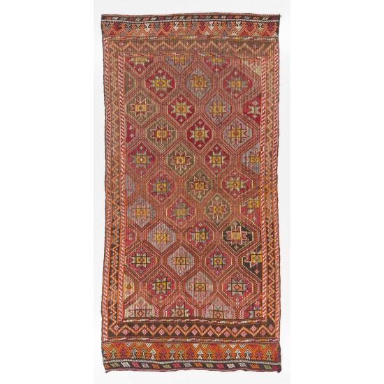 Handmade Turkish Jijim Kilim, Vintage Flat Weave Wool Rug with Interlocking Stars and Diamonds. 5.6 x 11 Ft (168 x 338 cm)