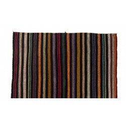Colorful Vintage Handwoven Turkish Wool Kilim (Flat-weave) with Vertical Bands. 5.6 x 6.9 Ft (170 x 210 cm)