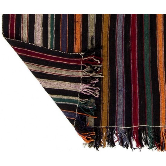 Colorful Vintage Handwoven Turkish Wool Kilim (Flat-weave) with Vertical Bands. 5.6 x 6.9 Ft (170 x 210 cm)