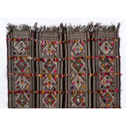 Turkish Kilim "Flat-Weave", Handwoven Vintage Rug with Colorful Pomps. 5.6 x 7.3 Ft (170 x 220 cm)