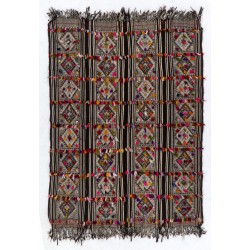 Turkish Kilim "Flat-Weave", Handwoven Vintage Rug with Colorful Pomps. 5.6 x 7.3 Ft (170 x 220 cm)