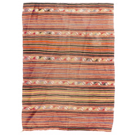 Multicolored Vintage Handmade Turkish Authentic Kilim "Flat-Weave". 100% Wool. 5.6 x 7.8 Ft (170 x 236 cm)