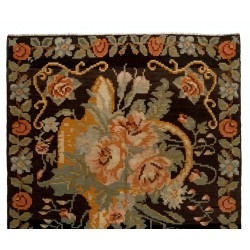 Bessarabian Vintage Hand-Woven Moldovian Wool Kilim, Unique Floral Pattern 50 years old Kilim Rug. 5.6 x 9.3 Ft (170 x 282 cm)