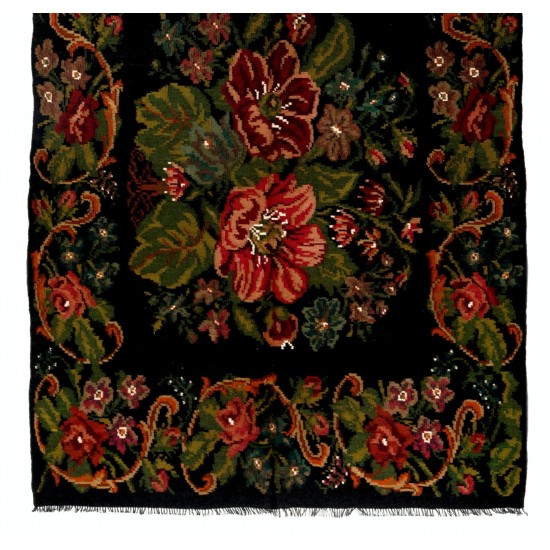 Bessarabian Vintage Hand-Woven Moldovian Wool Kilim, Unique Floral Pattern 50 years old Kilim Rug. 5.7 x 11.4 Ft (172 x 347 cm)