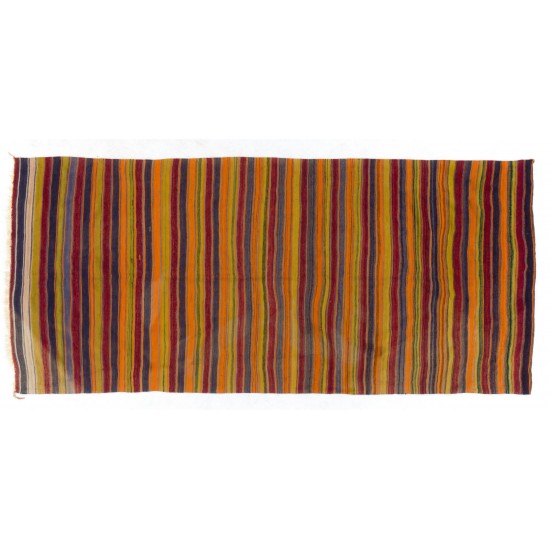 Striped Handwoven Vintage Turkish Double Sided Runner Kilim for Hallway Decor, 100% Wool. 5.8 x 12.6 Ft (174 x 384 cm)