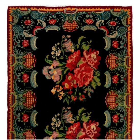 Bohomian Vintage Rose Kilim, Bessarabian Hand-Woven Wool Area Kilim Rug. 6 x 12.5 Ft (182 x 379 cm)