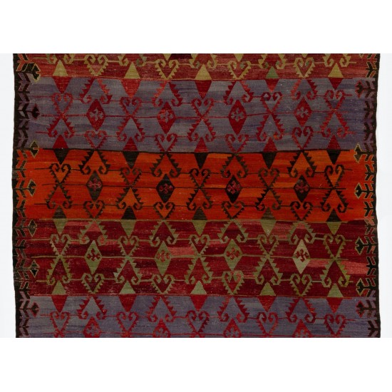 Hand-Woven Vintage Turkish Runner Kilim (Flat-weave). Geometric Pattern Corridor Kilim. 6 x 12.9 Ft (183 x 392 cm)