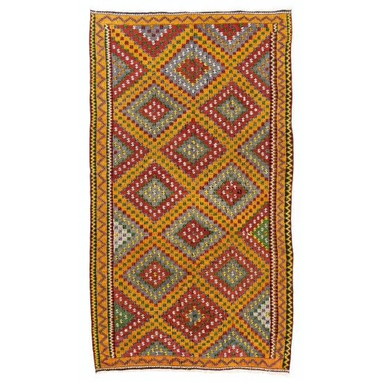 Fantastic Vintage Turkish Kilim with Geometric Design in Red, Yellow, Green, Gray Colors. 6 x 10.7 Ft (185 x 324 cm)