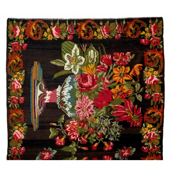 Bessarabian Vintage Hand-Woven Moldovian Wool Kilim, Unique Floral Pattern 50 years old Kilim Rug. 6.2 x 11.2 Ft (186 x 339 cm)