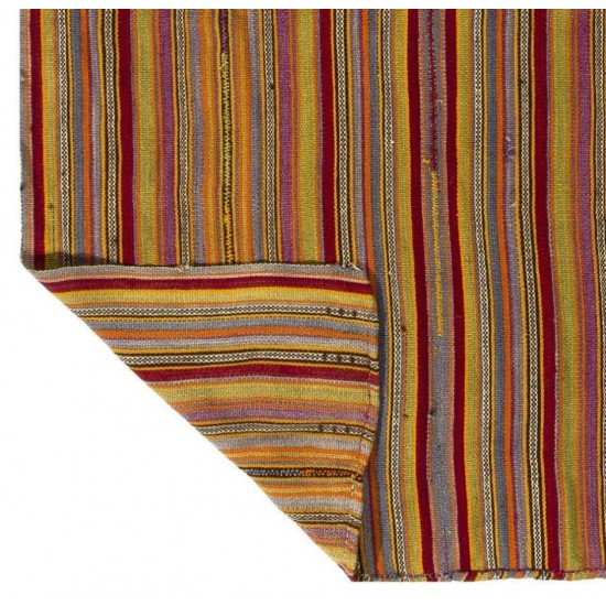 Handwoven Vintage Anatolian Kilim (Flat-weave) with Vertical Bands, 100% Wool. 6.2 x 7.2 Ft (188 x 217 cm)