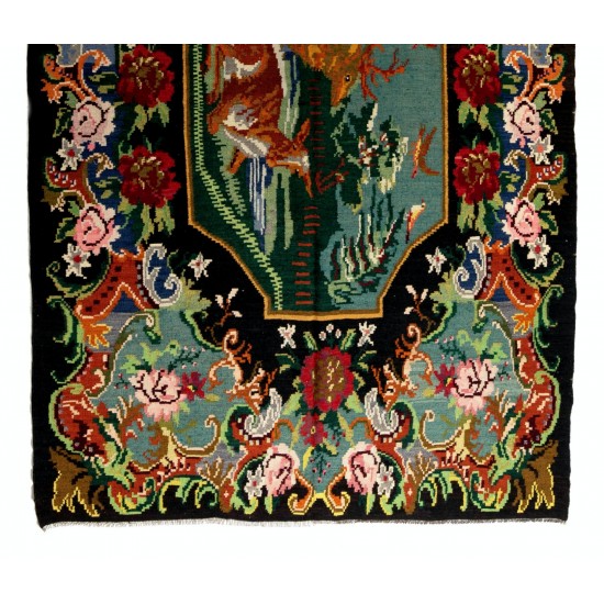 Bessarabian Vintage Hand-Woven Moldovian Wool Kilim, Unique Floral Pattern 50 years old Kilim Rug. 6.2 x 10.8 Ft (188 x 327 cm)