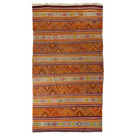 Colorful Handwoven Vintage Anatolian Striped Kilim (Flat-weave), 100% Wool. 6.3 x 7.8 Ft (190 x 235 cm)