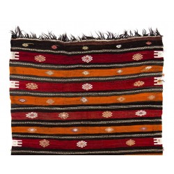 Handwoven Vintage Turkish Kilim Made of Natural Organic Wool. Red, Orange & Black Color Rug. 6.3 x 9.8 Ft (190 x 296 cm)
