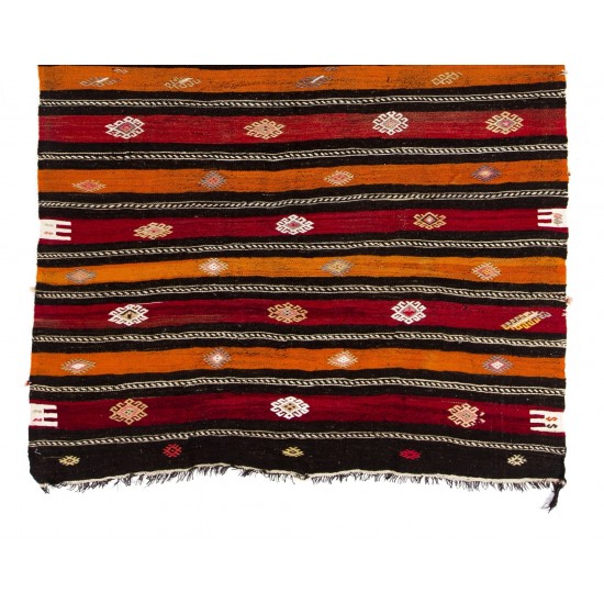Handwoven Vintage Turkish Kilim Made of Natural Organic Wool. Red, Orange & Black Color Rug. 6.3 x 9.8 Ft (190 x 296 cm)