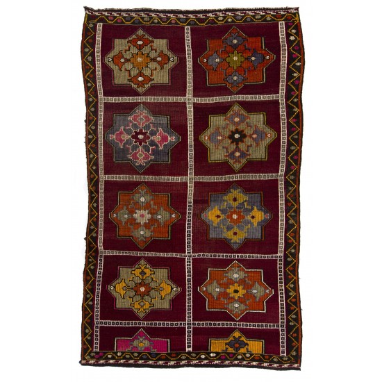 Colorful Vintage Handwoven Turkish Kilim, Authentic Flat-Weave Floor Covering. 6.3 x 10.4 Ft (190 x 314 cm)