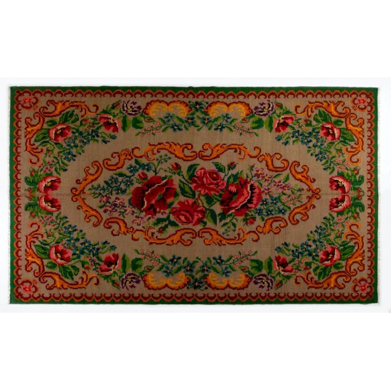 Bessarabian Vintage Hand-Woven Moldovian Wool Kilim, Unique Floral Pattern 50 years old Kilim Rug. 6.3 x 10.4 Ft (191 x 316 cm)