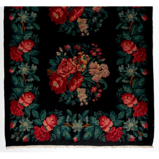 Bessarabian Vintage Hand-Woven Moldovian Wool Kilim, Unique Floral Pattern 50 years old Kilim Rug. 6.3 x 11.8 Ft (191 x 358 cm)