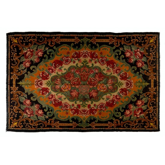 Bessarabian Vintage Hand-Woven Moldovian Wool Kilim, Unique Floral Pattern 50 years old Kilim Rug. 6.4 x 9.6 Ft (193 x 290 cm)