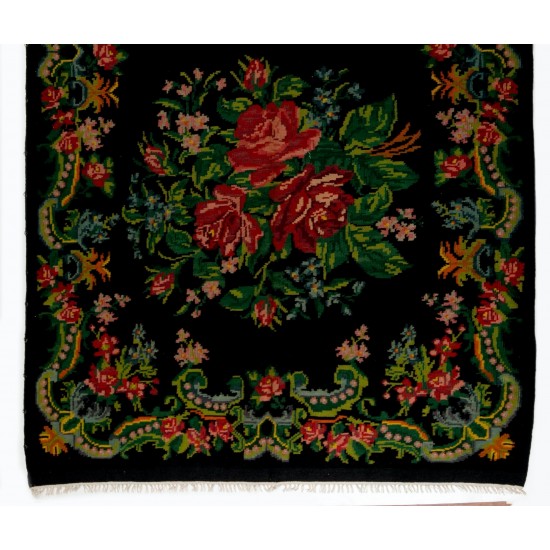 Bessarabian Vintage Hand-Woven Moldovian Wool Kilim, Unique Floral Pattern 50 years old Kilim Rug. 6.4 x 11 Ft (193 x 334 cm)