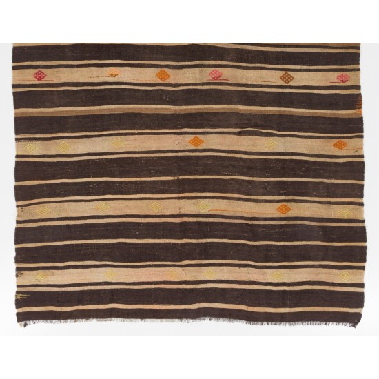 Striped Vintage Hand-Woven Kilim Made of Natural Ivory & Brown Wool. 6.4 x 9.9 Ft (194 x 301 cm)