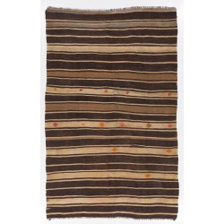 Striped Vintage Hand-Woven Kilim Made of Natural Ivory & Brown Wool. 6.4 x 9.9 Ft (194 x 301 cm)