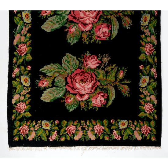 Bessarabian Vintage Hand-Woven Moldovian Wool Kilim, Unique Floral Pattern 50 years old Kilim Rug. 6.5 x 11.2 Ft (198 x 339 cm)