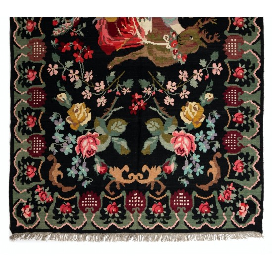 Bessarabian Vintage Hand-Woven Moldovian Wool Kilim, Unique Floral Pattern 50 years old Kilim Rug. 6.6 x 10.9 Ft (200 x 331 cm)