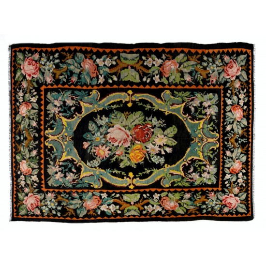 Bessarabian Hand-Woven Floral Pattern Moldovian Kilim, One-of-a-Kind 100% Sheep Wool Vintage Rug. 6.7 x 8.9 Ft (204 x 271 cm)