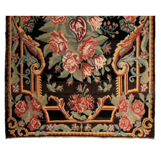 Bessarabian Hand-Woven Floral Pattern Moldovian Kilim, One-of-a-Kind 100% Sheep Wool Vintage Rug. 6.8 x 10.9 Ft (206 x 332 cm)
