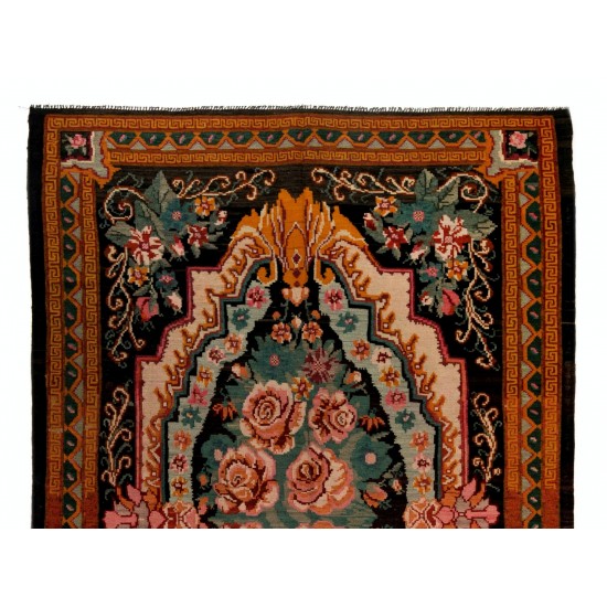 Bessarabian Hand-Woven Floral Pattern Moldovian Kilim, One-of-a-Kind 100% Sheep Wool Vintage Rug. 6.8 x 10.2 Ft (207 x 308 cm)