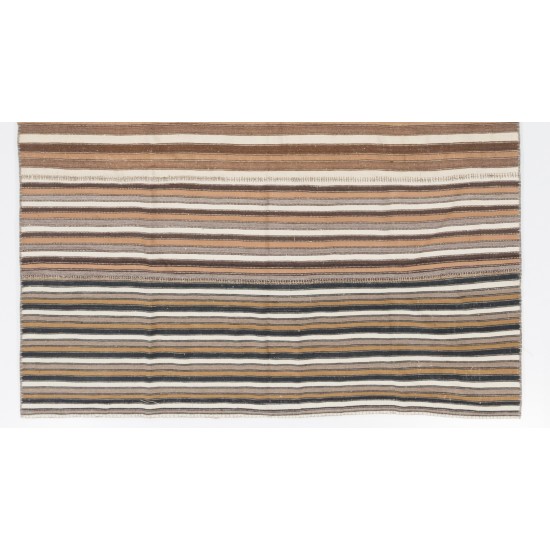 Striped Vintage Hand-Woven Kilim Made of Natural Ivory, Brown and Gray Wool. 7 x 8.3 Ft (215 x 250 cm)