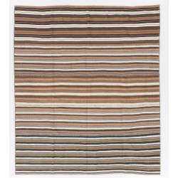 Striped Vintage Hand-Woven Kilim Made of Natural Ivory, Brown and Gray Wool. 7 x 8.3 Ft (215 x 250 cm)
