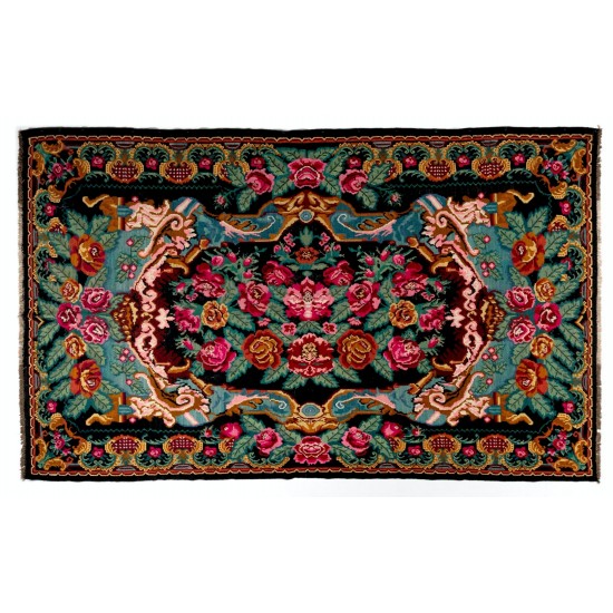 Decorative Bessarabian Hand-Woven Floral Pattern Moldovian Kilim, One-of-a-Kind Vintage Wool Rug. 7.2 x 11.5 Ft (217 x 350 cm)