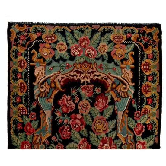 Bessarabian Vintage Hand-Woven Moldovian Wool Kilim, Unique Floral Pattern 50 years old Kilim Rug. 7.3 x 11.8 Ft (220 x 358 cm)