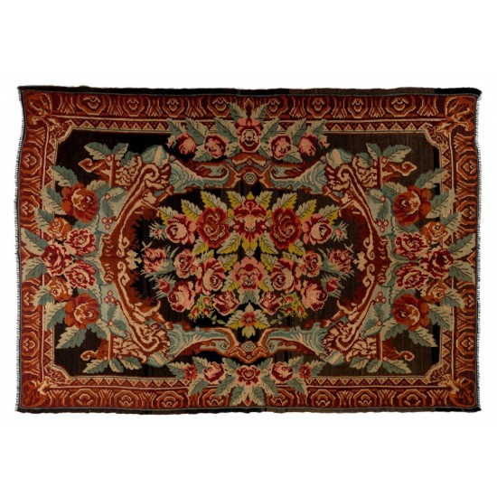 Bessarabian Hand-Woven Floral Pattern Moldovian Kilim, One-of-a-Kind 100% Sheep Wool Vintage Rug. 7.5 x 10.4 Ft (226 x 314 cm)