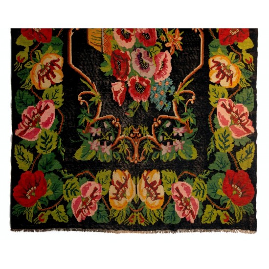 Bessarabian Hand-Woven Floral Pattern Moldovian Kilim, One-of-a-Kind 100% Sheep Wool Vintage Rug. 7.5 x 12 Ft (227 x 364 cm)