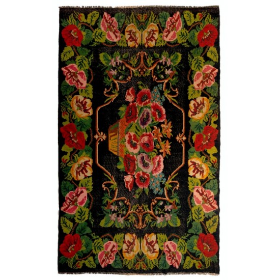 Bessarabian Hand-Woven Floral Pattern Moldovian Kilim, One-of-a-Kind 100% Sheep Wool Vintage Rug. 7.5 x 12 Ft (227 x 364 cm)