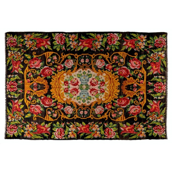 Bessarabian Hand-Woven Floral Pattern Moldovian Kilim, One-of-a-Kind 100% Sheep Wool Vintage Rug. 7.6 x 11.2 Ft (230 x 340 cm)