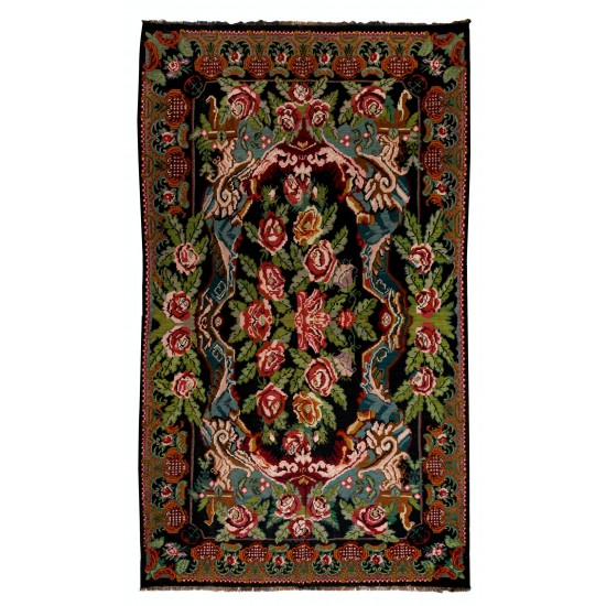 Bessarabian Hand-Woven Floral Pattern Moldovian Kilim, One-of-a-Kind 100% Sheep Wool Vintage Rug. 7.7 x 12.6 Ft (233 x 382 cm)