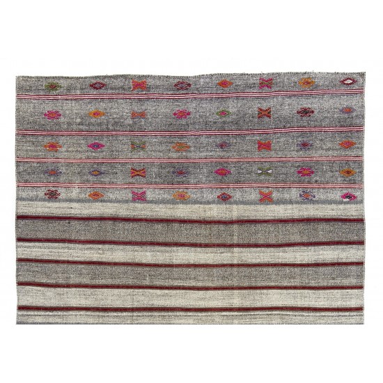 Authentic Vintage Handmade Striped Cotton and Goat Hair Kilim with Colorful Embroidery. 7.9 x 11.2 Ft (240 x 340 cm)