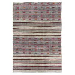 Authentic Vintage Handmade Striped Cotton and Goat Hair Kilim with Colorful Embroidery. 7.9 x 11.2 Ft (240 x 340 cm)