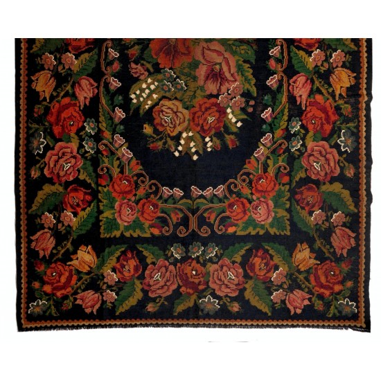 Bessarabian Hand-Woven Floral Pattern Moldovian Kilim, One-of-a-Kind 100% Sheep Wool Vintage Rug. 8.6 x 13.8 Ft (260 x 419 cm)