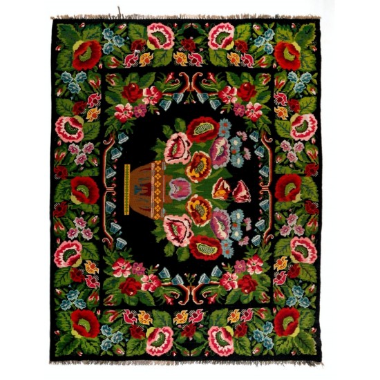 Bessarabian Hand-Woven Floral Pattern Moldovian Kilim, One-of-a-Kind 100% Sheep Wool Vintage Rug. 8.6 x 10.4 Ft (261 x 316 cm)