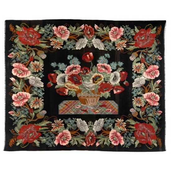 Bessarabian Vintage Hand-Woven Moldovian Wool Kilim, Unique Floral Pattern 50 years old Kilim Rug. 8.8 x 10.5 Ft (266 x 320 cm)