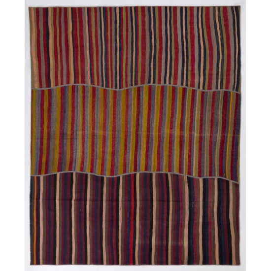Large Vintage Nomadic Turkish Kilim "Flat-Weave", Striped Handmade Wool Rug (Reversible). 9.9 x 12 Ft (300 x 367 cm)