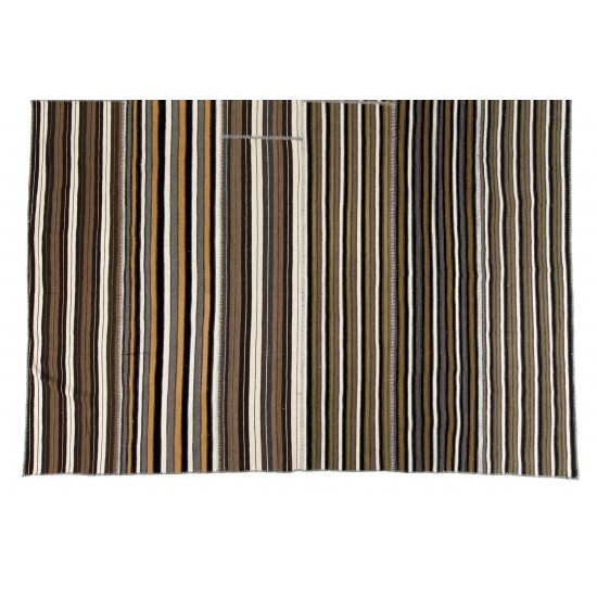 Large Vintage Nomadic Turkish Kilim "Flat-Weave", Striped Handmade Wool Rug (Reversible). 10.9 x 14.8 Ft (330 x 450 cm)
