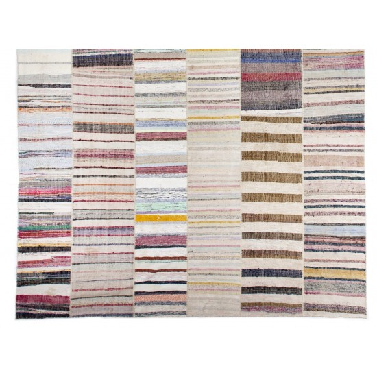 Multicolor Handwoven Turkish Kilim (Flat-Weave), Overize Double Sided Cotton Rag Rug. 12.8 x 19.7 Ft (390 x 600 cm)
