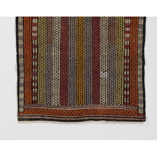 Multicolored Turkish Jajim Kilim, Vintage Flat Weave Floor Covering Made of Wool. 2.3 x 3.7 Ft (68 x 110 cm)